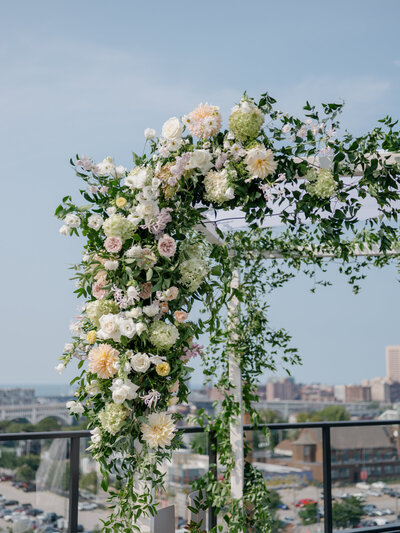 Lush florals at Truss with rooftop views of Cleveland