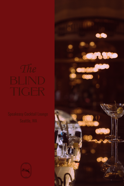 Luxury branding service for client, The Blind Tiger. The words: "the blind tiger" are stacked in a red font. The words: "speakeasy cocktail lounge Seattle, WA" appear near the bottom half also in a dark red font. An illustrated tiger logo in dark red is near the bottom also in dark red.