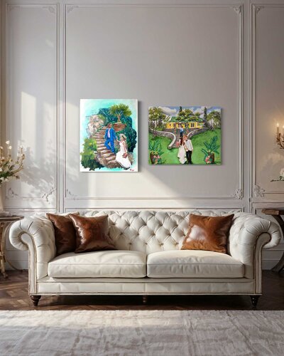 two original wedding paintings in size 24x30in canvas sit above a cream couch with brown leather pillows