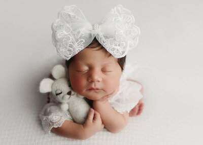 Newborn baby girl in half froggy pose holding a bunny with a giant bow