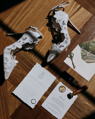 VT Wedding Photographer | Sincerely Liz Photography Documentary Wedding, Engagement, Elopement, Maternity and Newborn Photographer in New England | Bridal shoes and invitations flat lay