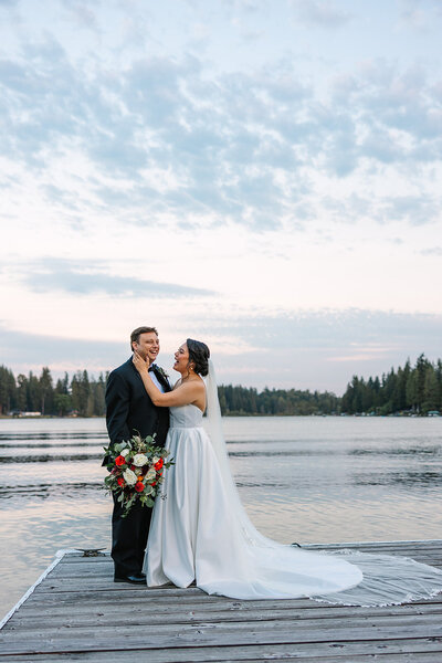 Bride and Groom on Greengates at Flowing Lake dock