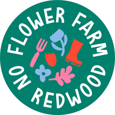flower farm on redwood colorful badge with gardening doodles