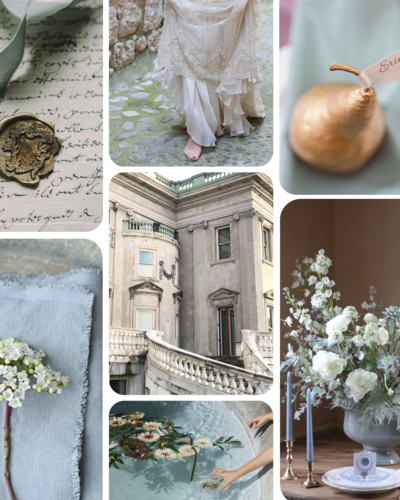 A selection of Pinterest images in a blue gray and ivory palette