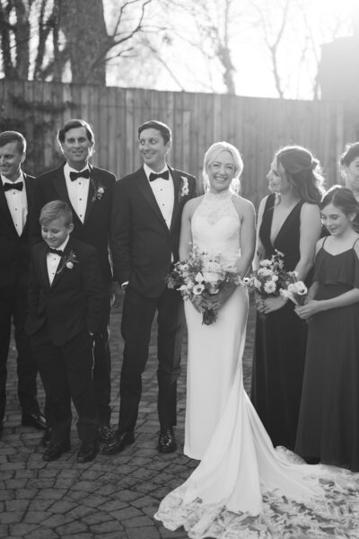 Bridal party portrait under beautiful oak trees