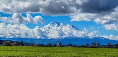 Shasta Valley farmland with  town and mountains in the background