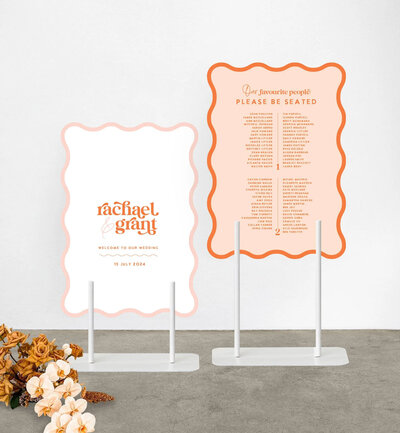 Welcome and Seatin chart in A1 size, waves in peach and tangerine