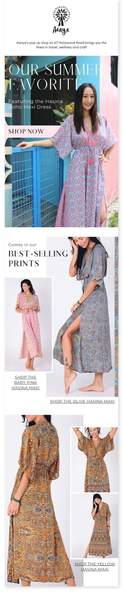 Fashion Graphic Designer in Hong Kong Kyra Janelle's eDM Newsletter Design for E-commerce Clothing Brand Aanya Promoting Bohemian Maxi Dresses.