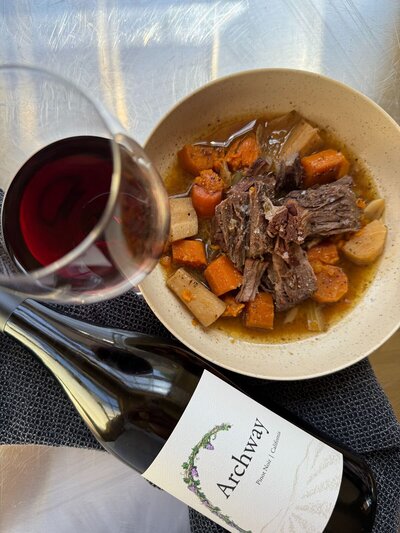 pot roast dinner with wine