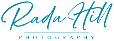 Rada Hill Photography Logo in teal letters on white background