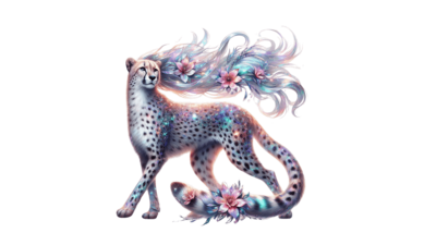 A majestic leopard with a galaxy-inspired coat featuring shimmering stars and nebula-like colors. Its tail flows with soft, ethereal hair adorned with pastel flowers, creating a magical and dreamy appearance. The leopard's pose is graceful, exuding both elegance and power.