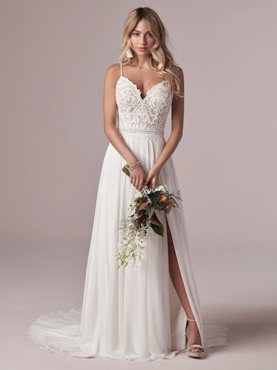 Off-the-Shoulder Fit-and-Flare Wedding Dress. Huron Mikado creates this exquisite fit-and-flare wedding dress featuring a sweetheart neckline with off-the-shoulder sleeves and covered buttons trailing down the train. Finished with covered buttons over zipper closure.