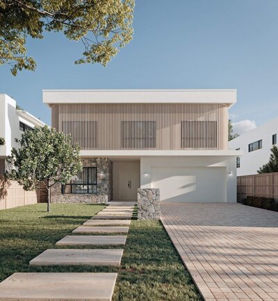 Claro Signature Range contemporary front facade with clean lines, natural stone detailing, and timber cladding.