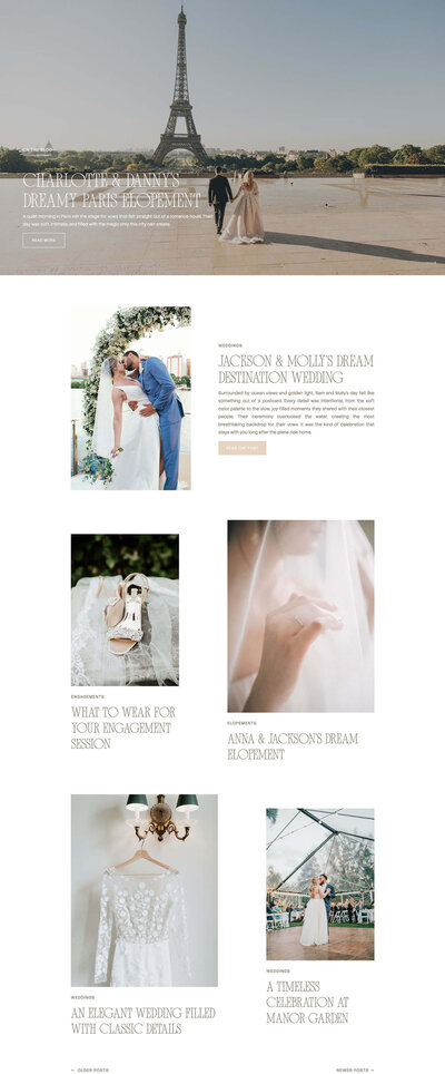 Screenshot of a classic Showit blog template add-on for photographers
