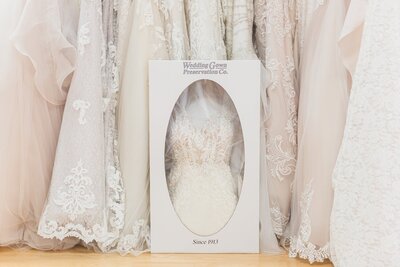 Wedding gown preserved in a display box with lace details