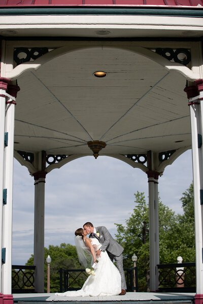 Bride and groom walk up memorial steps at their DC wedding