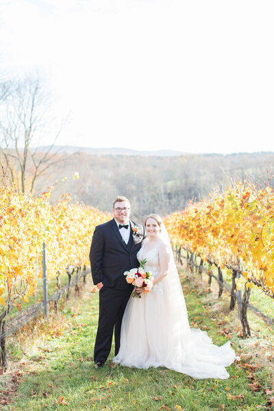 Bride and groom portrait in fall season