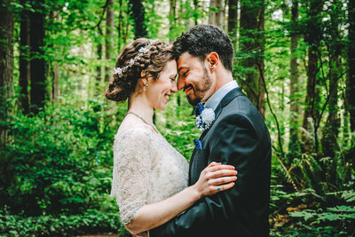 Bride and Groom in the trees on wedding day in Columbia River Gorge Washington