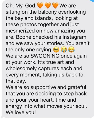 text from client saying how happy they are with their photos and that they love the photographer