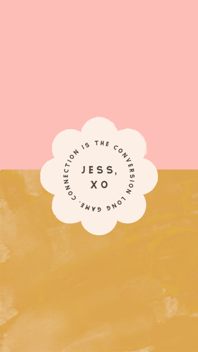 Jess, XO flower shaped stamp logo on a pink and yellow textured background