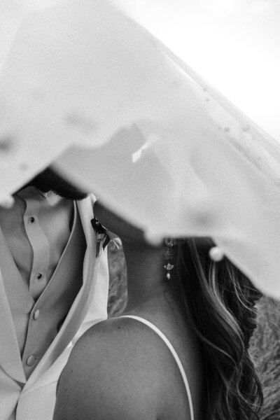 A bride and groom kissing under the brides veil. 