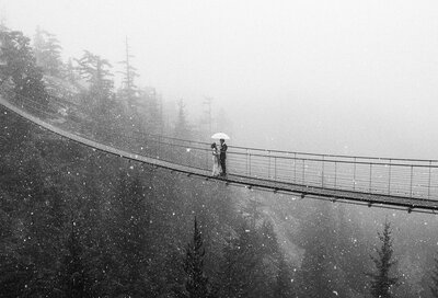 wedded couple on a bridge in the snow