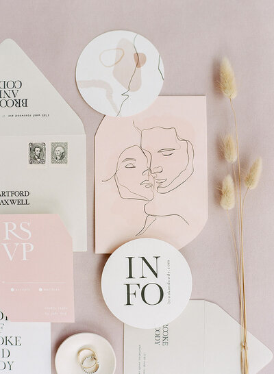 Modern typography and line art wedding invitations for the Shootout Society