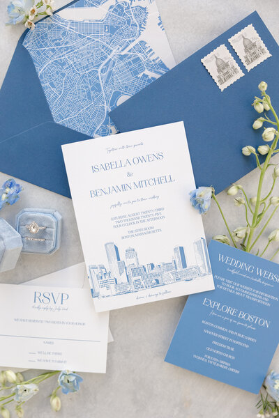 Closeup of a custom wedding invitation suite by Ohio wedding invitation designer