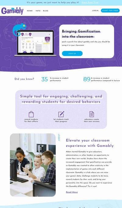 Screenshot of Gamably’s newly designed website, showcasing the colorful, clean, and user-friendly interface for gamifying classrooms.