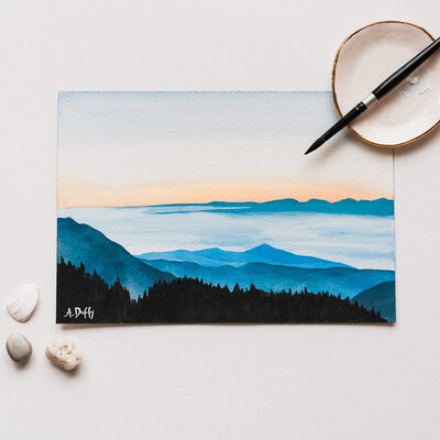 Gouache painting of the view from Hurricane Ridge towards the Strait of Juan de Fuca at Dusk by Pacific Northwest Artist Amy Duffy