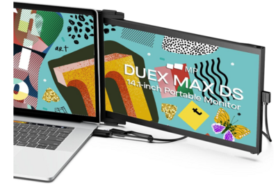 A laptop with a magnetic portable second monitor attached, displaying colorful abstract graphics. The screen extends from the side of the laptop, offering a dual-screen setup ideal for multitasking or travel productivity.