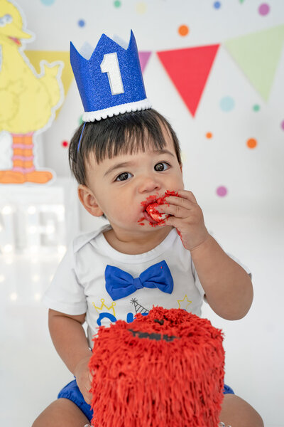 Girl in unicorn dress eating unicorn cake during themed cake smash session— captured by Alliston and Barrie cake smash photographer.