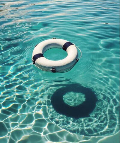 A life ring floating in clear blue water, symbolizing stability and safety during the Rebalance phase of online affair recovery counseling in Florida, where couples begin ending the affair, establishing transparency, and creating emotional grounding.