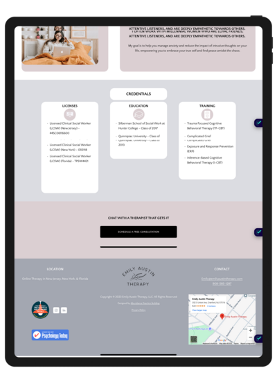 Before screenshot of the About page for Emily Austin Therapy on an iPad, featuring the previous design with less cohesive branding and a cluttered layout before the redesign.