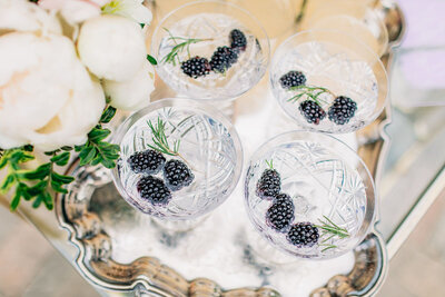 Vintage silver serving tray with contemporary drinks designed by CNC Event Design, wedding planner in Calgary, Alberta, featured on the Brontë Bride Vendor Guide.