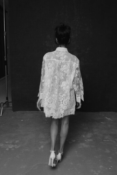 Back of french lace short wedding dress