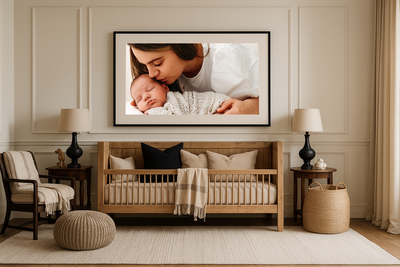 Mama en baby tijdens een newbornshoot. Elegante foto met stijlvol wall art als wanddecoratie.