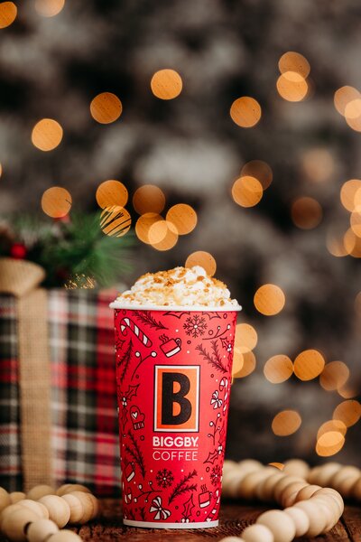 Holiday photo of Biggby Coffee cup. 