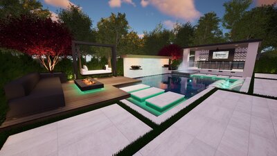 Outdoor living space with luxury finishes and open-air feel. This California backyard design includes a custom water feature and outdoor swing.