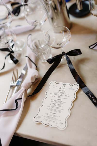 Black and white chic wedding menu & table decor at Roberta’s in Dublin, Ireland