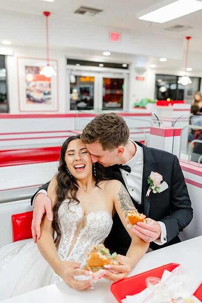 Fun diner photos with bride and groom Northern California wedding photographer