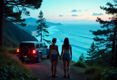 A couple walking toward their Jeep parked on a scenic overlook at sunset, symbolizing the freedom of luxury off-road exploration