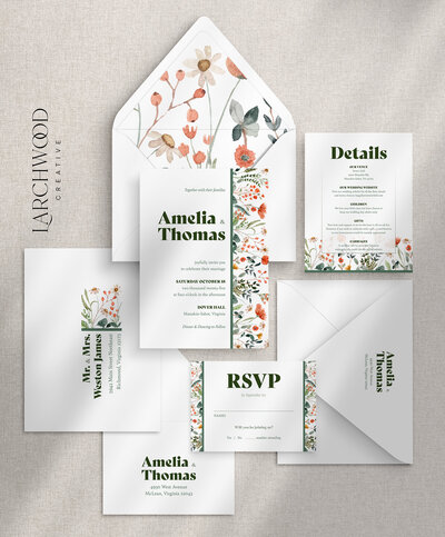 The Wren 5-piece semi-custom wedding invitations suite — a green and red design with autumn florals and a bold serif font.