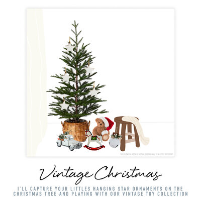 A vintage mini photo session setup by Bri Sullivan Photography showcases a Christmas tree, Christmas toys, and a wooden stool. The set features a clean, pure style with white backdrop, creating a timeless and whimsical look. The photographer, Bri Sullivan, has captured the essence of the holidays in this captivating image.