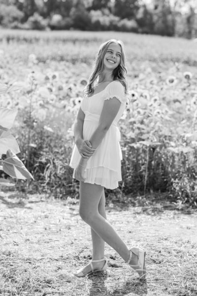 black-and-white-senior-portrait-sunflowers