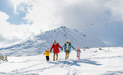 Family walking through the snow holding hands