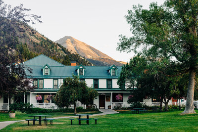 Historical building and Emigrant Peak at Chico Hot Springs in Pray, MT