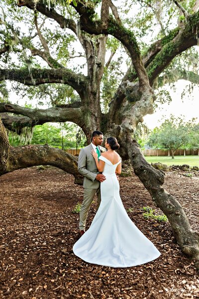 Bride and groom in wedding  attire at the tree of life in New Orleans Louisiana