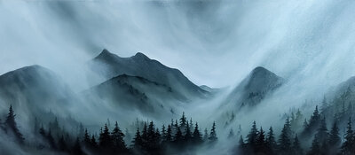 View misty mountain acrylic paintings by Adirondack fine artist  Caitlin Friebel