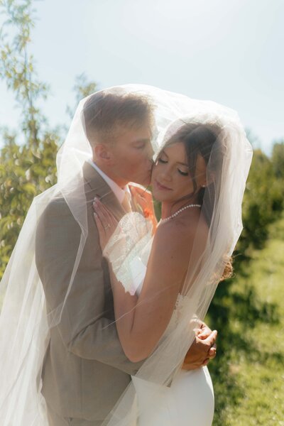 Couple stands in an apple orchard under the bride's veil while the groom kisses her cheek